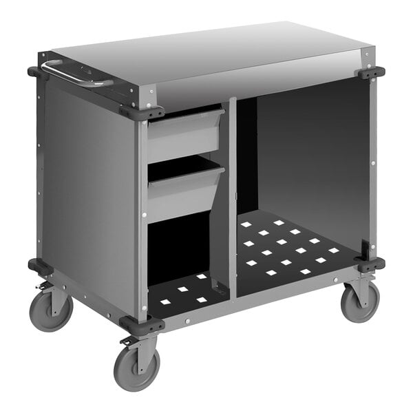 A Cadco small metal demo cart with wheels and two drawers.