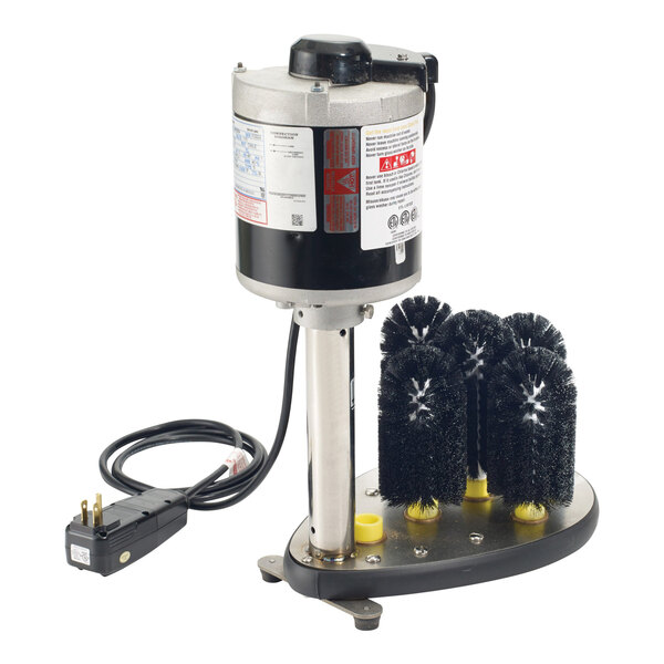 An upright electric glass washer with three black brush heads and a power cord.