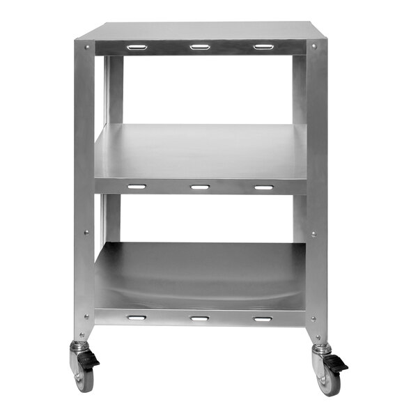 A silver metal Cadco oven stand with shelves on wheels.