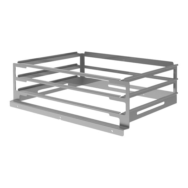 A stainless steel Cadco cooling rack with metal bars and a metal frame with holes for three shelves.