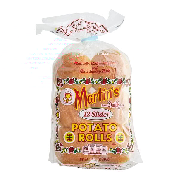 A plastic bag of Martin's Famous 3" Slider Potato Rolls on a white background.