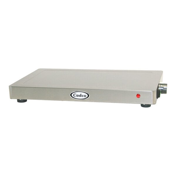 A white Cadco electric countertop warming shelf with a stainless steel surface and red button.