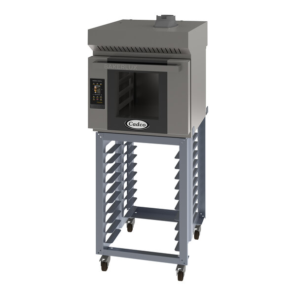 A grey Cadco Bakerlux countertop convection oven on wheels.