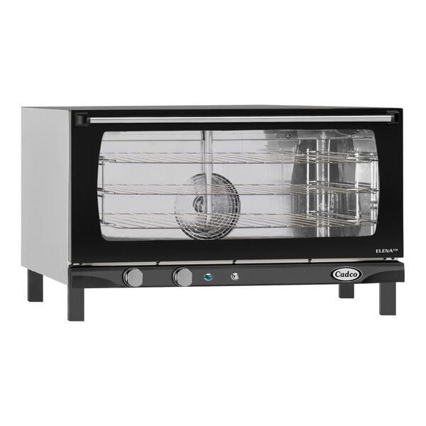 A black and silver Cadco Elena countertop convection oven with a glass door.