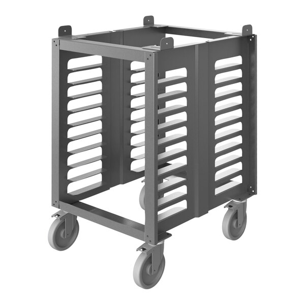 A metal cart with wheels for a Cadco half size convection oven.