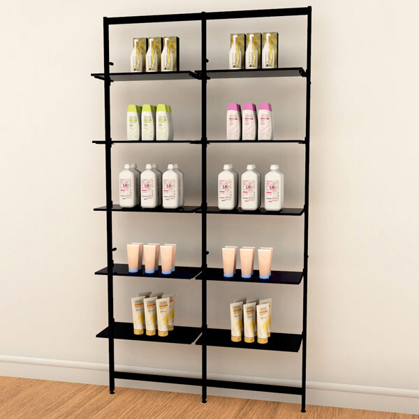 A black Udizine Vertik wall-mount retail clothing display with shelves holding different products.