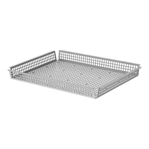 A white metal Cadco oven basket with holes.