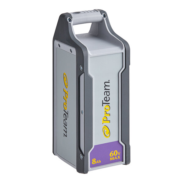 A gray and purple ProTeam 8.0 Ah 60V lithium ion battery.