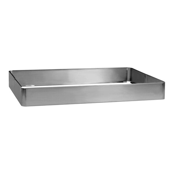 A stainless steel tray with a handle used to hold steam pans on a Cadco cart.