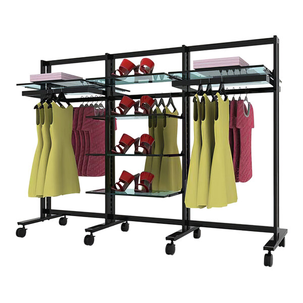 A black mobile retail clothing display rack with clothes on hanging rails.