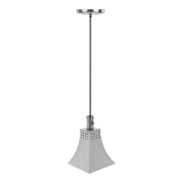 A Hanson Heat Lamps chrome hanging heat lamp with a long rigid stem.