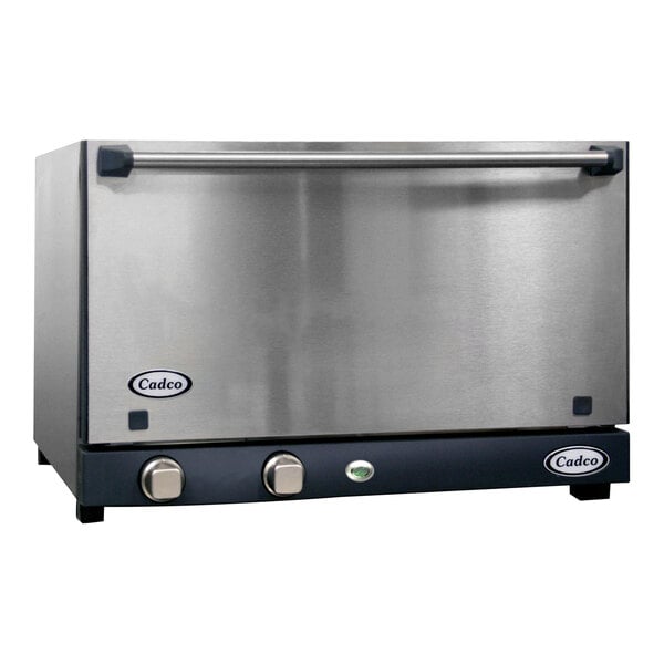 A stainless steel Cadco countertop convection oven with a handle.