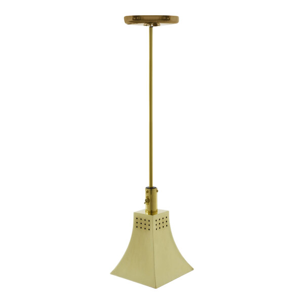 A Hanson Heat Lamps brass hanging heat lamp with a rigid stem mount.