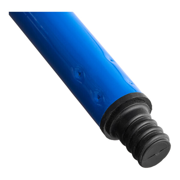 A blue metal broom or squeegee handle with a threaded black plastic end.