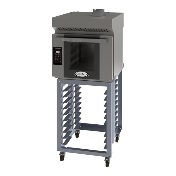 A Cadco Bakerlux countertop convection oven on a stand with wheels.