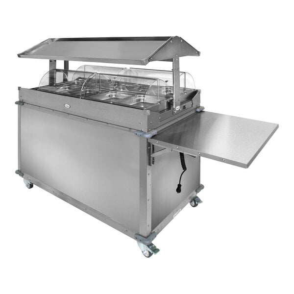 A stainless steel Cadco MobileServ food cart with heated wells and a lid.