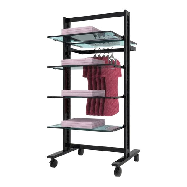 A black Udizine mobile retail clothing display rack with shelves and clothes on a hanging rail.