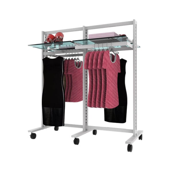 A white mobile Udizine retail clothing display stand with clothes on 2 hanging rails.