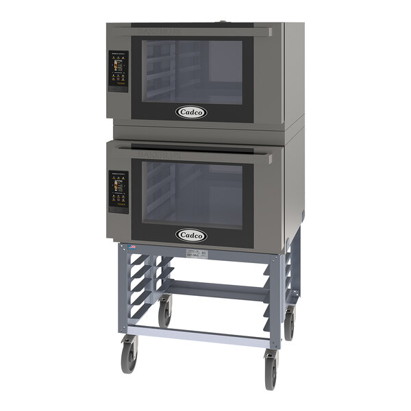 A stand with two Cadco Bakerlux double stacked countertop convection ovens on it.