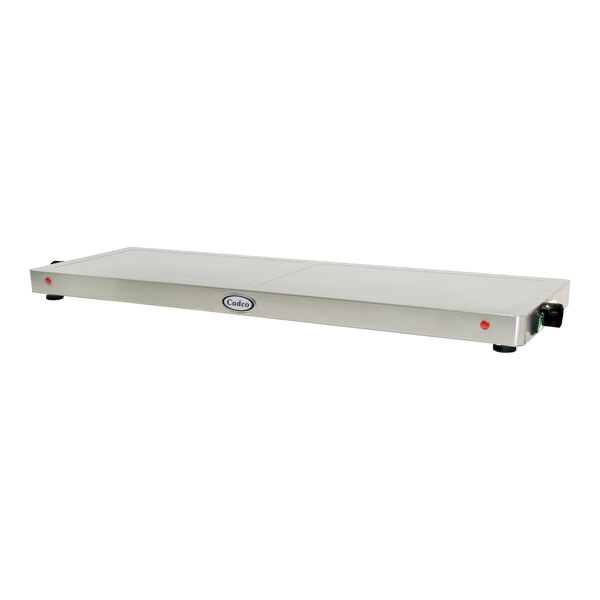 A stainless steel Cadco countertop warming shelf with red lights.