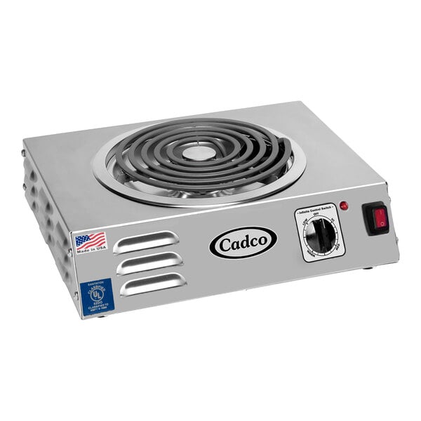 A Cadco stainless steel hot plate with a round burner.