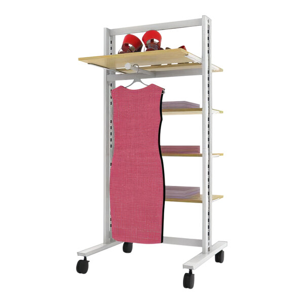 A white Udizine retail clothing display stand with a pink dress on a shelf.