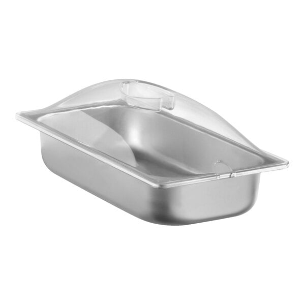 A stainless steel Cadco third size steam pan with a clear lid.