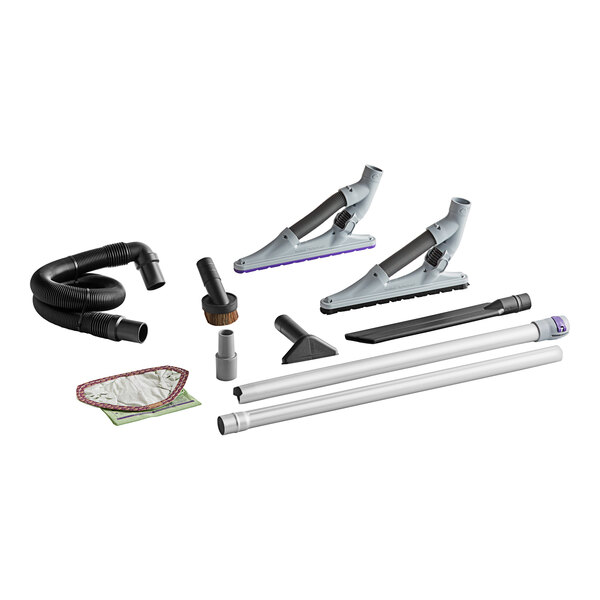 A ProTeam GoFit cordless backpack vacuum with various hard surface and carpet tools.