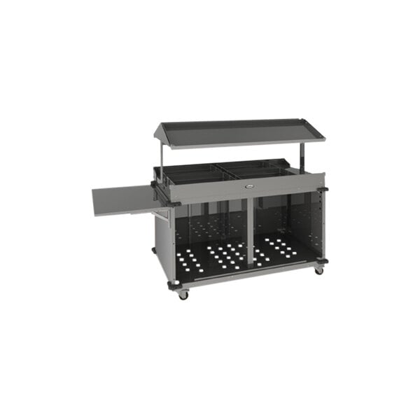 A black and silver Cadco MobileServ mobile grab and go food cart with an open lid.