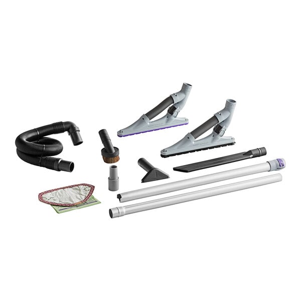 A ProTeam GoFit cordless backpack vacuum with various accessories and tools.