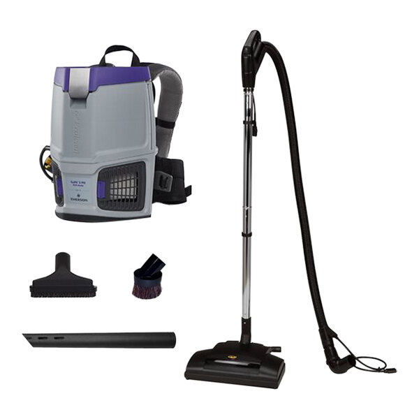 A ProTeam backpack vacuum in grey and purple with accessories.