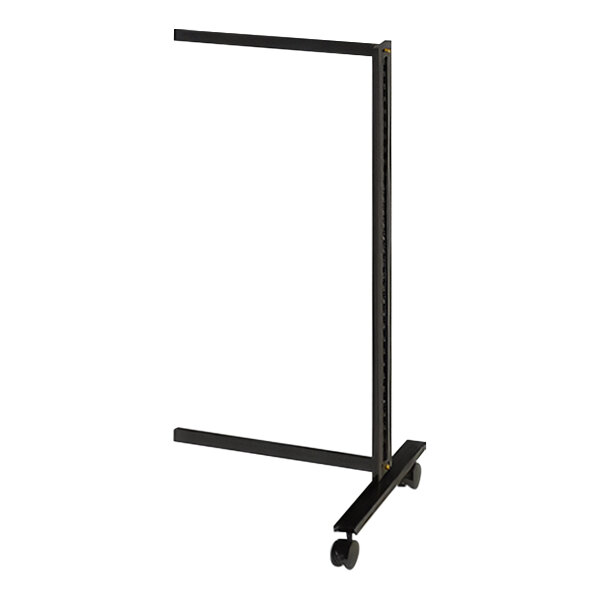 A black metal Udizine Vertik retail clothing display stand extension unit with wheels.