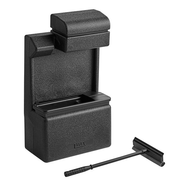 A black plastic container with a black lid containing Lavex Black Windshield Wash Station Attachment with Towel Dispenser and Squeegee.