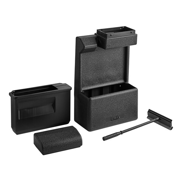 A black rectangular Lavex Windshield Wash Station with a clear window and a lid open.