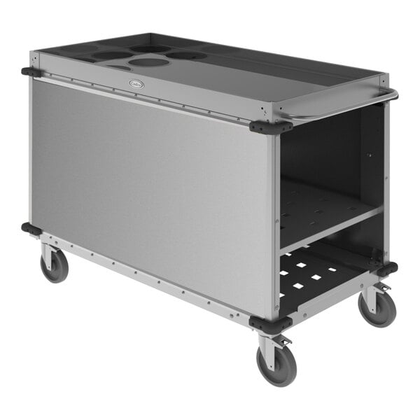 A stainless steel Cadco MobileServ large side-loading beverage cart with black wheels.