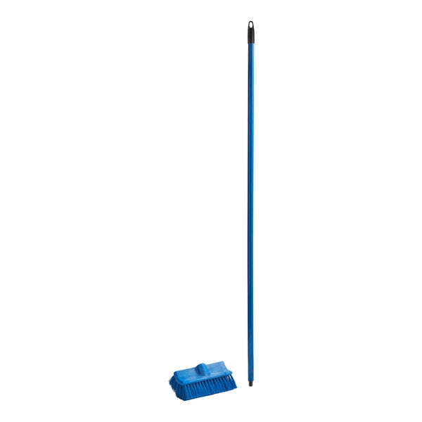 A blue bi-level floor and wall scrub brush with a matching blue 60-inch metal handle.