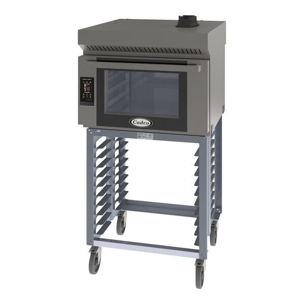 A grey Cadco Bakerlux countertop convection oven on wheels.