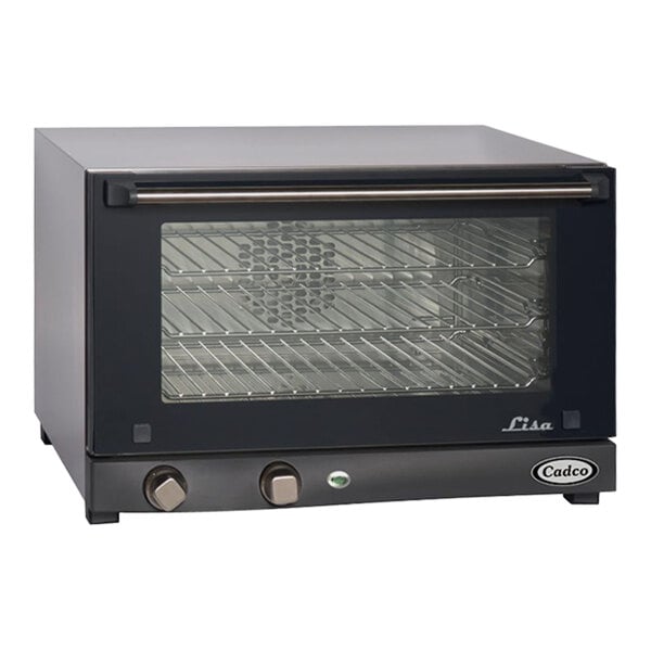 A black Cadco Lisa countertop convection oven with a glass door and metal rack.