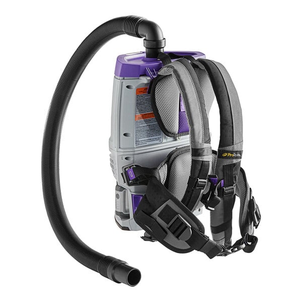 A purple and black ProTeam GoFit 3 cordless backpack vacuum with black straps.