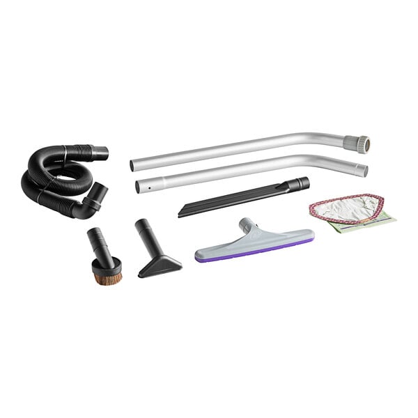 A white and purple ProTeam GoFit cordless backpack vacuum with parts and accessories.