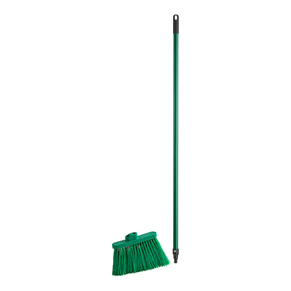 A green Lavex angled broom with a metal handle.