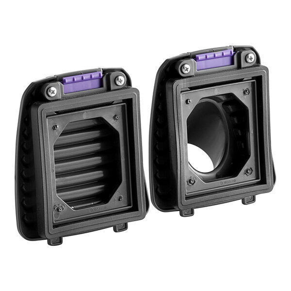 Two black plastic cases with purple trim containing ProTeam Blower Door Set for GoFit Backpack Vacuums.
