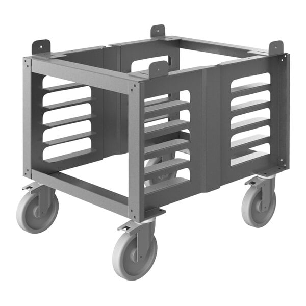 A gray metal cart with wheels.