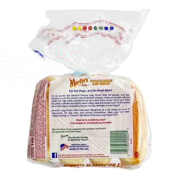 A package of Martin's Famous Sliced Hot Dog Potato Rolls with a label on it.