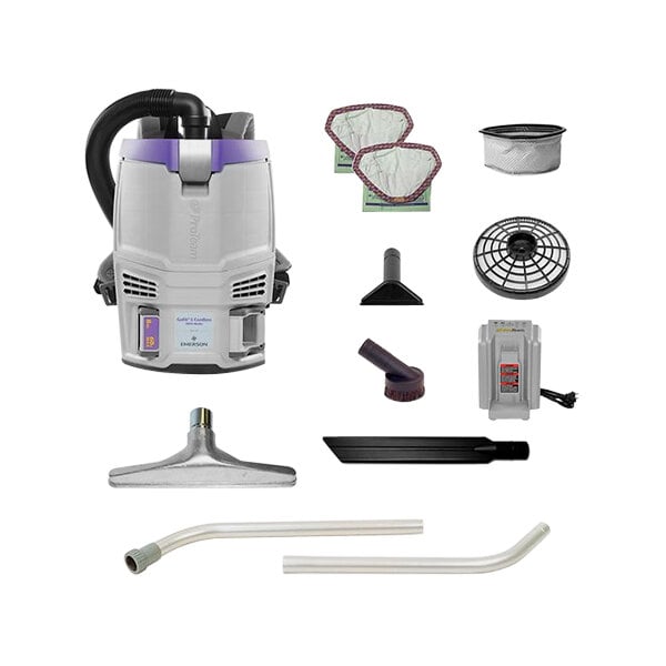 A ProTeam GoFit cordless backpack vacuum with various accessories including a black circular attachment.