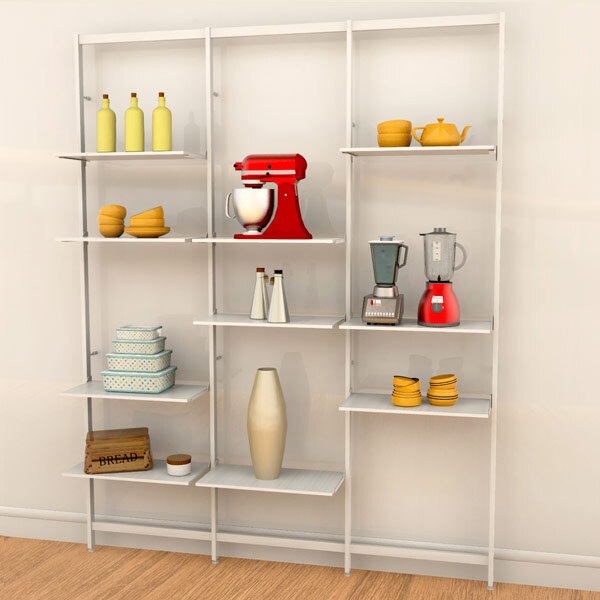 A white Udizine wall-mounted retail clothing display with shelves holding various items.