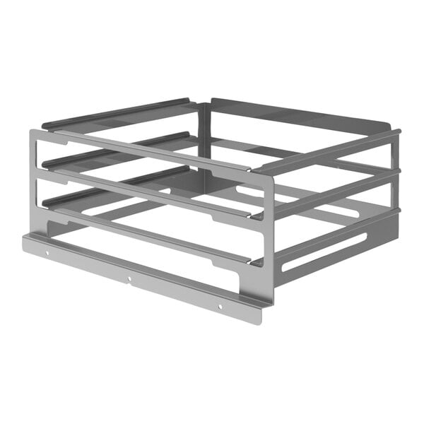 A stainless steel Cadco cooling rack with a metal frame and three shelves.