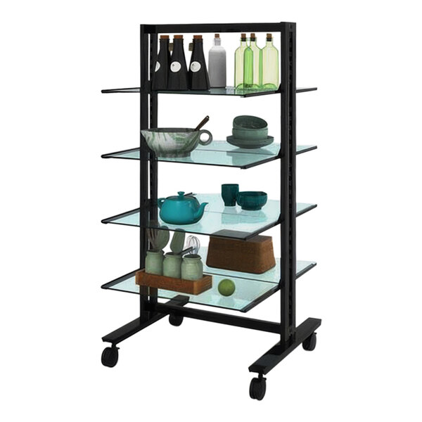 A black Udizine mobile clothing display stand with glass shelves.