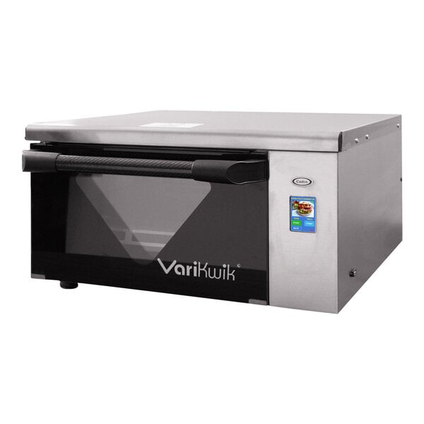 A silver and black Cadco VariKwik high-speed oven with a touchscreen.