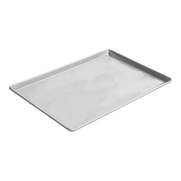 A close-up of a LloydPans aluminum half size bun and sheet pan.